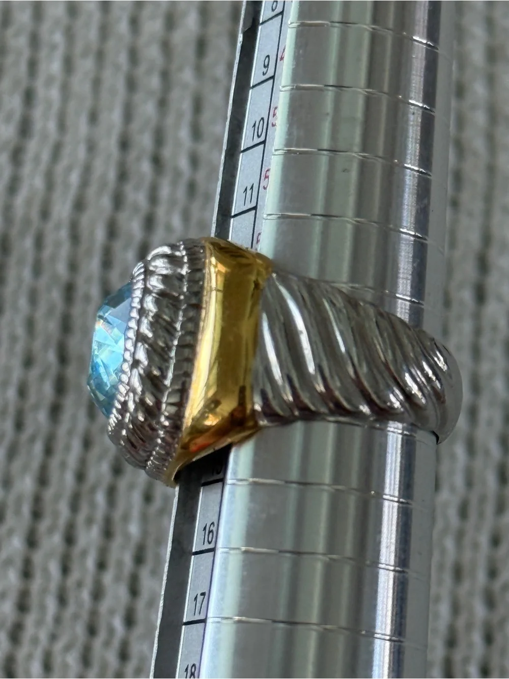Vintage Joan Rivers ring Gold & Silver Tones Faux Blue Topaz Twisted Design